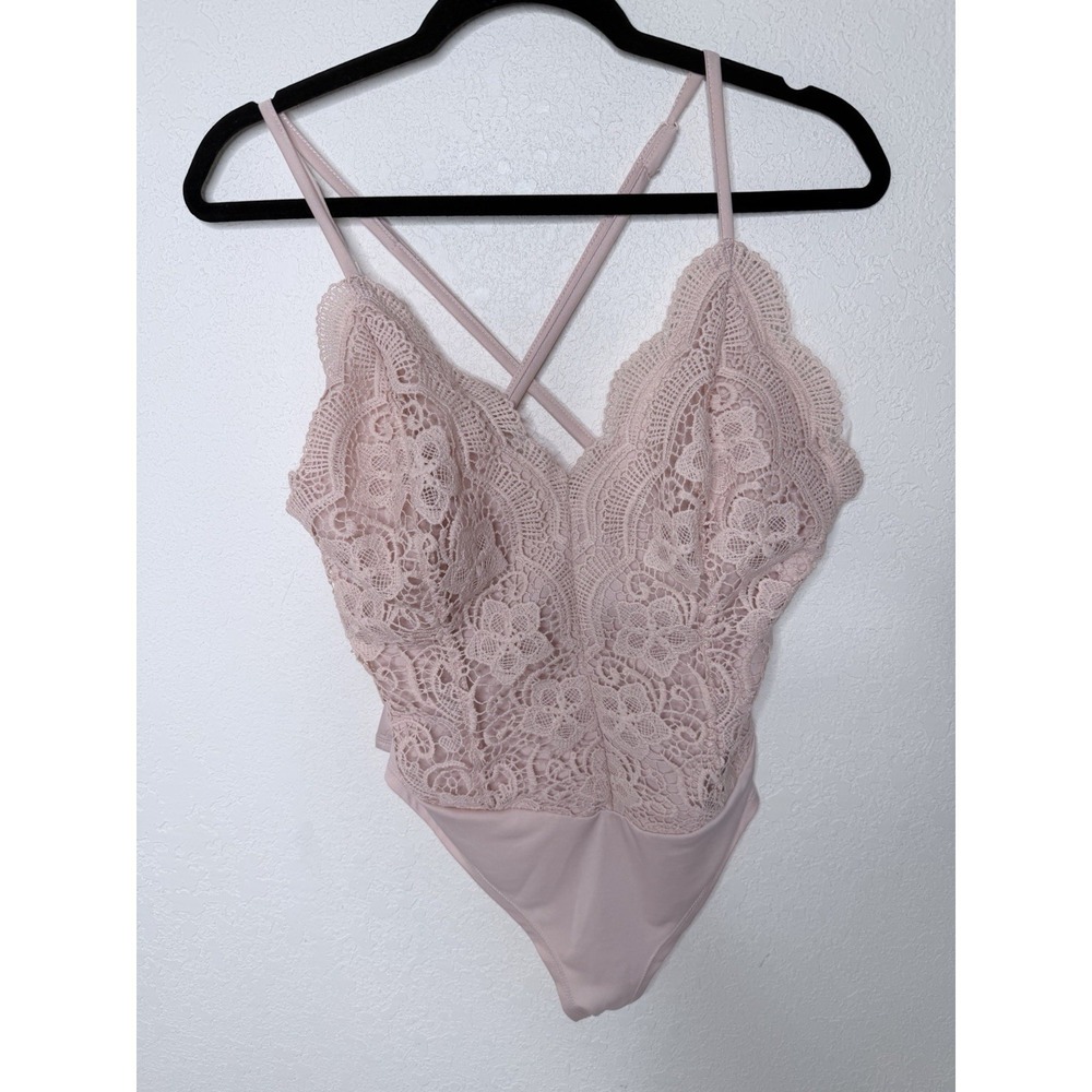 Pink Crochet Lace Bodysuit Size XL Strappy Babydoll Feminine Coquette Fairy